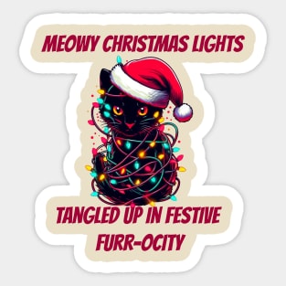 Santa Black Cat Tangled Up In Christmas Tree Lights Holiday Sticker